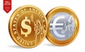 Dollar. Euro. 3D isometric Physical golden coins with Dollar and Euro symbol. American money. European money. Vector illustration. Royalty Free Stock Photo