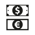 Dollar and euro icons. Dollar and euro banknotes. Flat vector illustration isolated on white