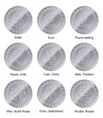 Dollar, Euro, Pound Sterling, Indian Rupee, Yan, Yen, Thailand Baht, South Korea Won, Swiss currency silver coins set with stars