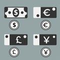 Dollar, Euro, Pound and Yuan currency icons. Paper and metal USD, EUR, GBP and CNY money sign symbols. Flat icon