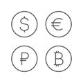 Dollar, euro, ruble, bitcoin icons. Currency sign set. Money cash isolated on background