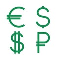 Dollar, euro, ruble icons. Currency sign set. Money cash isolated on background. Flat green symbols