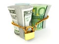 Dollar, euro, ruble on lock Royalty Free Stock Photo