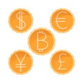 Dollar, euro, yen, pound bitcoin golden coins, different currencies, vector money illustration