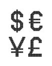 Dollar. Euro. Yen. Pound sterling. Currency icons. USD, EUR, JPY and GBP money sign symbols. Cross stitch.