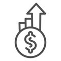 Dollar exchange increase line icon. Coin with currency rate growth arrows symbol, outline style pictogram on white