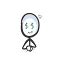 Dollar eyes greedy man. Vector simple want money, jealous materialistic person. Stickman cartoon clipart. Hand drawn. Doodle