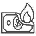 Dollar in fire line icon, Financial crisis concept, dollar banknote is burning sign on white background, Money burn icon Royalty Free Stock Photo