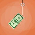 Dollar on fishing hook. Money trap concept. Royalty Free Stock Photo