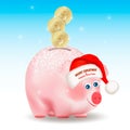 Dollar gold coins falling into money pig bank. Merry Christmas and Happy New Year congratulation on Santa Claus red hat. Conceptua Royalty Free Stock Photo