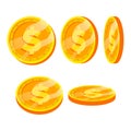 Dollar Gold Coins Sign Vector Set. Flat, Cartoon. Flip Different Angles. Currency Money. Investment Concept Illustration