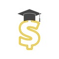 Dollar with graduate hat, Graduation hat on gold dollar sign Royalty Free Stock Photo