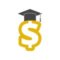 Dollar with graduate hat, Graduation hat on gold dollar sign Royalty Free Stock Photo