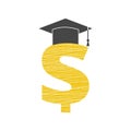 Dollar with graduate hat, Graduation hat on gold dollar sign Royalty Free Stock Photo