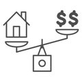 Dollar and house balance thin line icon, finance concept, money and property on scales sign on white background Royalty Free Stock Photo