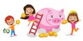 Dollar icon piggy bank and coins with cute boy