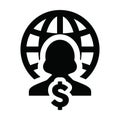 Dollar icon vector globe sign with female person profile avatar symbol for a business network in a flat color glyph pictogram Royalty Free Stock Photo