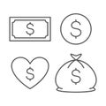 Dollar icons set. Currency sign. Money cash isolated on background. Coin, bag and note. Love of wealth Royalty Free Stock Photo
