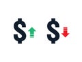 dollar increase decrease icon. Money symbol with arrow stretching rising up and drop fall down. Business cost sale and reduction i Royalty Free Stock Photo