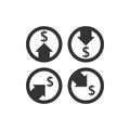 dollar increase decrease icon. Money symbol with arrow stretching rising up and drop fall down. Business cost sale and reduction i Royalty Free Stock Photo