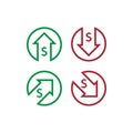 dollar increase decrease icon. Money symbol with arrow stretching rising up and drop fall down. Business cost sale and reduction i Royalty Free Stock Photo