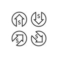 dollar increase decrease icon. Money symbol with arrow stretching rising up and drop fall down. Business cost sale and reduction i Royalty Free Stock Photo