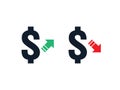 dollar increase decrease icon. Money symbol with arrow stretching rising up and drop fall down. Business cost sale and reduction i Royalty Free Stock Photo
