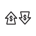 dollar increase decrease icon. Money symbol with arrow stretching rising up and drop fall down. Business cost sale and reduction Royalty Free Stock Photo