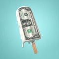 Dollar inflation and depreciation concept. Melting ice cream with a dollar bill