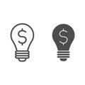 Dollar in lamp line and solid icon. Coin in a light bulb, business idea symbol, outline style pictogram on white Royalty Free Stock Photo