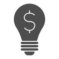 Dollar in lamp solid icon. Coin in a light bulb, business idea symbol, glyph style pictogram on white background. Money Royalty Free Stock Photo