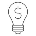 Dollar in lamp thin line icon. Coin in a light bulb, business idea symbol, outline style pictogram on white background Royalty Free Stock Photo