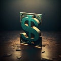 Dollar logo. Green dollar on gold background. The image of the dollar for the exchanger. Icon for website. Photo wallpaper.
