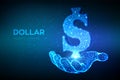 Dollar. Low poly abstract mesh line and point United States Dollar sign in hand. USD currency icon. American currency. Cash and Royalty Free Stock Photo