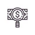 Dollar magnifier. ÃÂ¡heck for counterfeit banknotes. Vector liner black icon. Royalty Free Stock Photo