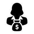 Dollar Money Bag Icon Vector With Female Person Profile Avatar Symbol for Banking and Finance in Glyph Pictogram illustration