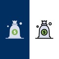 Dollar, Money, Bag  Icons. Flat and Line Filled Icon Set Vector Blue Background Royalty Free Stock Photo