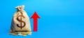 Dollar money bag with red arrow up. Increase in profitability and prosperity, higher living standards. Deposit interest. Recovery