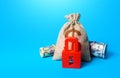 Dollar money bag and red padlock. Sanctions and Restrictions. Freezing of assets, seizure of savings and property. Unavailability Royalty Free Stock Photo