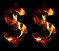 Dollar money business symbol made from fire and burning wood on a black background, a double version of the alphabet for Royalty Free Stock Photo