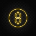 dollar, money, coin yellow neon icon .Transparent background. Yellow neon vector icon