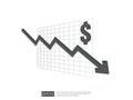 dollar money fall down symbol with white background. arrow decrease economy stretching rising drop. Business loss crisis decrease