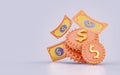 Dollar money flying online banking payment transaction on white background 3d render