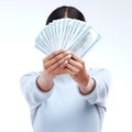 Dollar money, hands or studio woman with lottery award win, competition giveaway or bonus cash payment. Finance trading Royalty Free Stock Photo