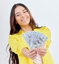 Dollar money, portrait or happy woman, business trader or person show cash prize, competition victory or savings deal Royalty Free Stock Photo