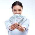 Dollar money, studio portrait or woman face with lottery win, competition giveaway or cash dollar award. Finance trading Royalty Free Stock Photo