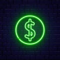 Dollar neon sign on brick wall. Money bright green symbol. Night bright advertising. Cash back neon template. Dollar