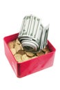 Dollar Notes and Coins in Box Royalty Free Stock Photo