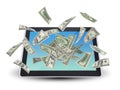 Dollar notes flying around the tablet pc