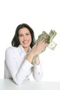 Dollar notes in happy brunette woman hands